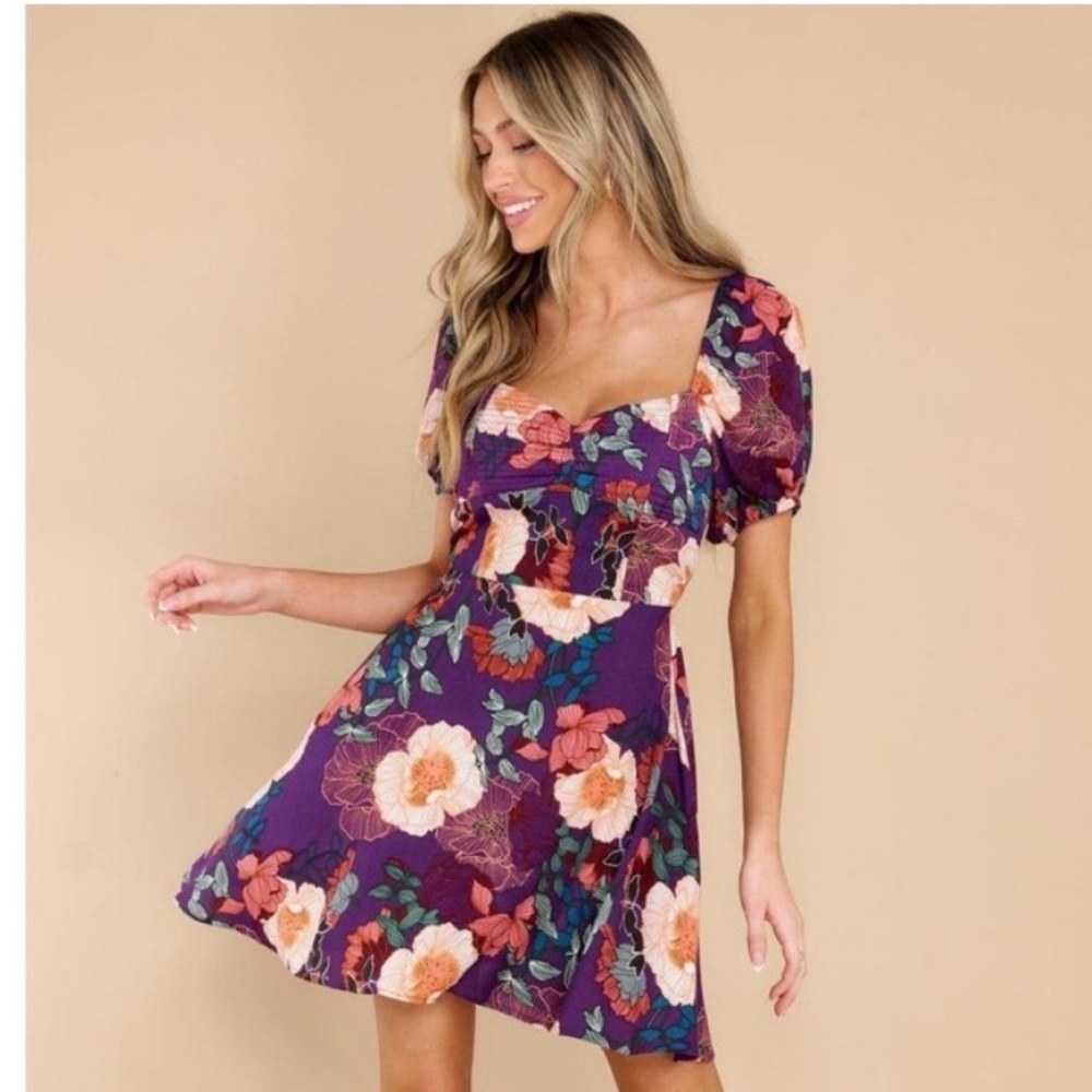 Band of the Free Aimee Floral Puff‎ Sleeve Mini Dress Smocked Medium Purple Boho